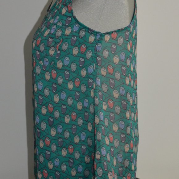 Blue Bird Sheer Green Owl Print Sheer Tank Pocket - Picture 5 of 10